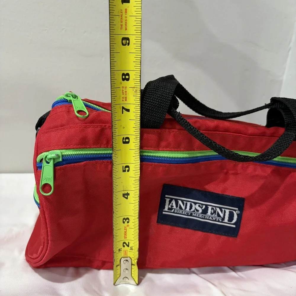 Vintage Land's End Red duffle bag small Vinyl 90s Green Blue Zipper 12